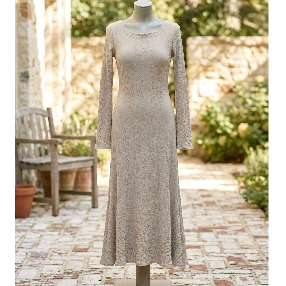 See You Monday Midi Dress Beige Textured Open Back Tie Long Sleeve XL
